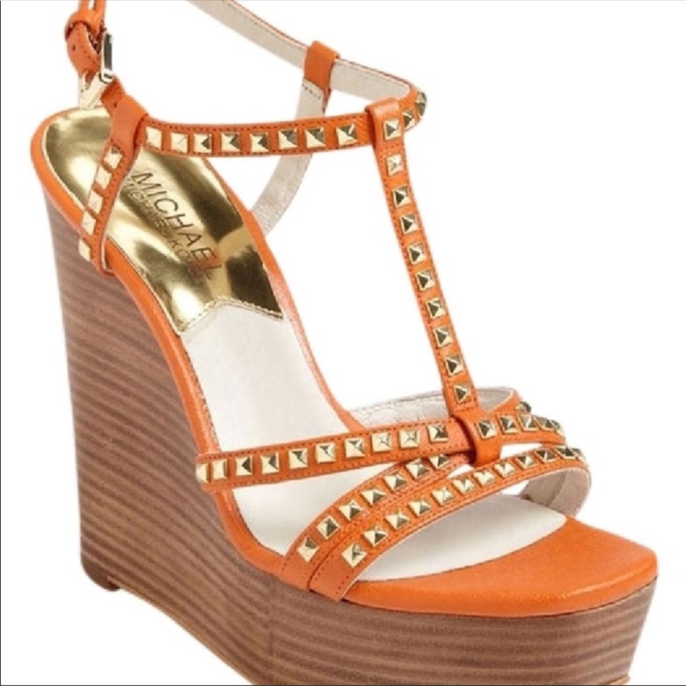 Michael Kors Alexi wedge tangerine studded leather